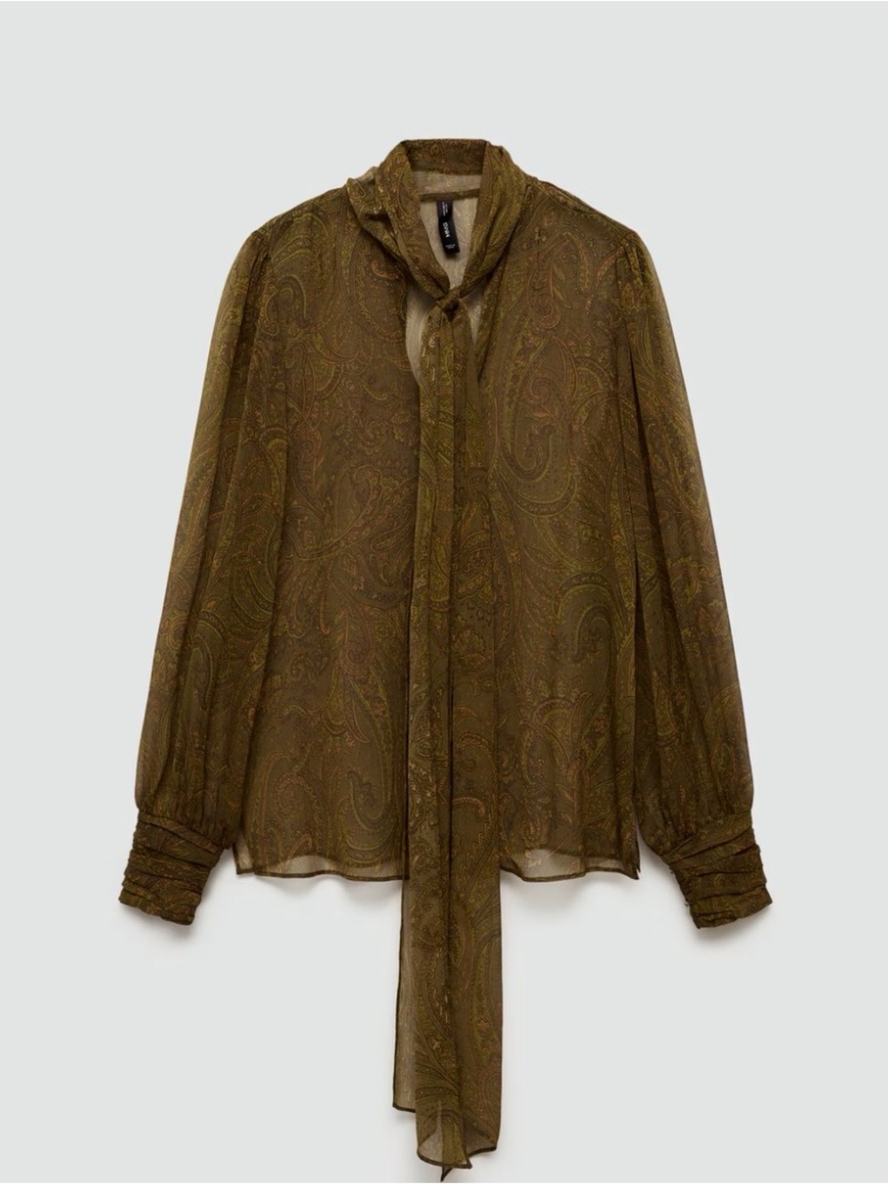 Mango Olive Paisley Sheer Tie-Neck Blouse